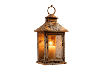 Old rustic metal lantern with a glowing candle inside.