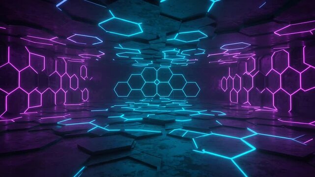 Futuristic hexagonal room with neon lighting effects