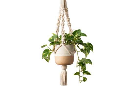 Green vining houseplant in a two tone pot with a macrame hanger. - Powered by Adobe
