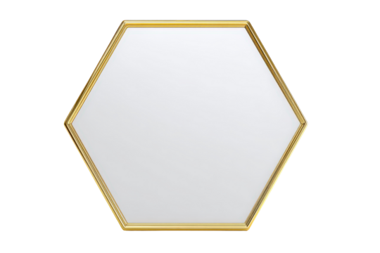 Elegant hexagonal wall mirror with a thin gold frame.