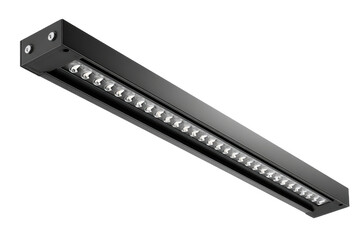 Modern black linear LED light bar fixture isolated.