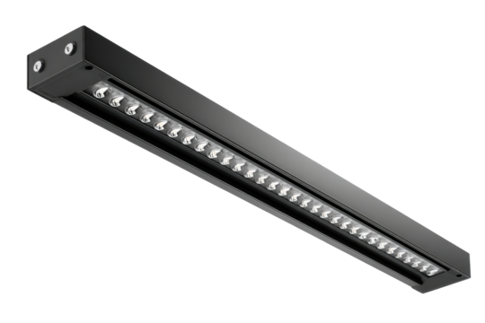 Modern black linear LED light bar fixture isolated.