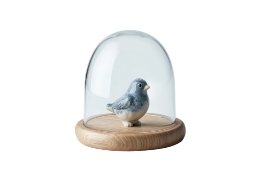 Small ceramic blue bird figurine under a glass cloche dome. - Powered by Adobe