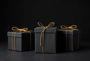 Mysterious black gift boxes tied with gold string against a black backdrop,  texture,  item