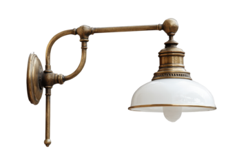 Vintage brass wall lamp with adjustable arm and white shade.