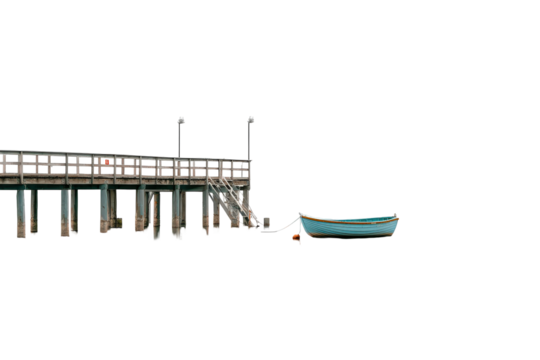 A solitary turquoise boat rests beside a long wooden pier. - Powered by Adobe