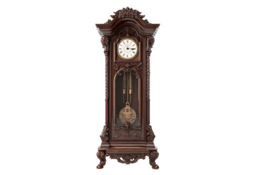 Vintage ornate dark wood grandfather clock isolated on white.