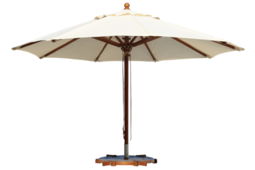 Classic wooden patio umbrella with an off white canopy isolated.