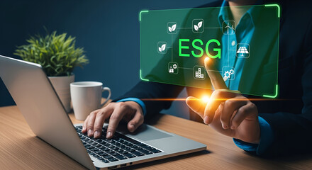 Modern business person interacting with esg digital interface on screen innovation