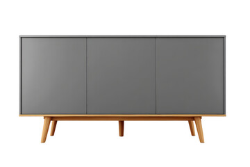 Modern grey sideboard with three doors and wooden legs isolated.
