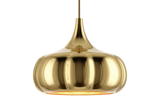 Modern golden pendant lamp with a reflective brass finish.