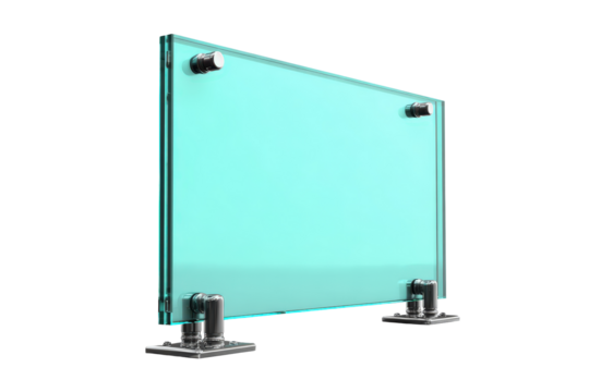 Modern tempered glass panel with stainless steel fittings.