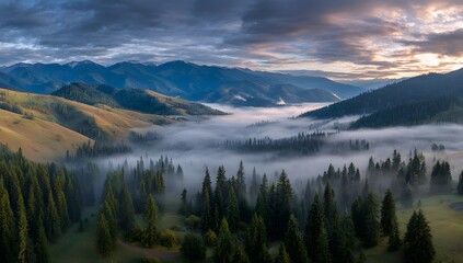 Obraz premium Serene Morning Mist Over Valley and Mountains