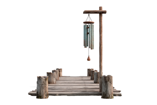 Rustic wooden walkway with hanging metal wind chimes.