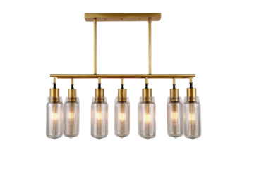 Modern linear six light chandelier with a brass finish and glass shades.