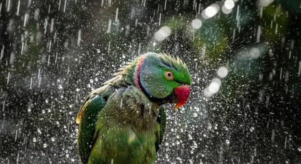 Captivating image showcasing an alexandrine parakeet amidst a refreshing shower of water droplets