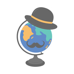 Globe with gentleman's moustache and English hat. Learn English concept