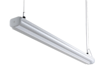 Hanging dual tube fluorescent light fixture isolated on white.