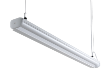 Hanging dual tube fluorescent light fixture isolated on white.