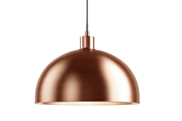Stylish Copper Dome Hanging Light Fixture on White Background.