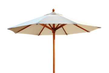 Classic wooden patio umbrella with a light beige canopy.