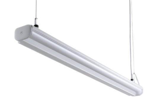 Hanging dual tube fluorescent light fixture isolated on white.