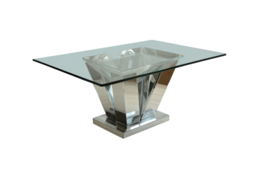 Modern rectangular dining table with a clear glass top and a reflective chrome pedestal base.