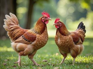 Fototapeta premium Energetic chickens pecking on grass reflect the natural vitality of farm life.