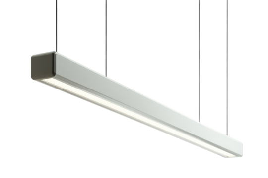 Modern linear LED pendant light fixture suspended from wires.