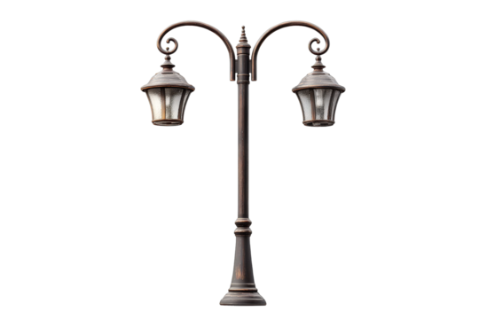 Elegant vintage double headed street lamp isolated on white.