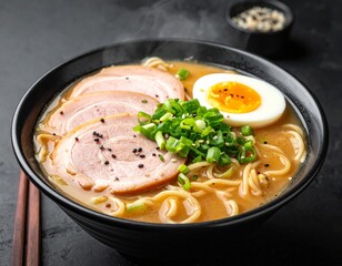 A bowl of ramen with sliced pork, boiled egg, noodles, and green onions