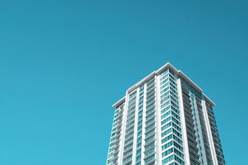Modern High-Rise Apartment Building with Blue Glass Balconies Against Clear Sky