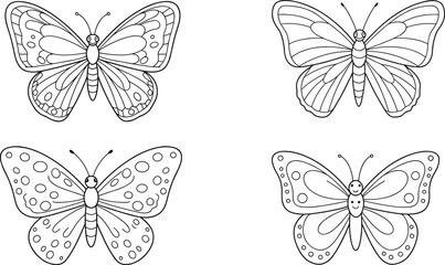 Butterfly coloring page vector, simple butterfly outline drawings, insect illustration for kids, black and white butterfly design, printable coloring art