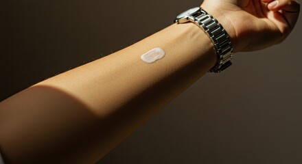Arm with Cream Swatch and Silver Watch in Sunlight on Brown Background