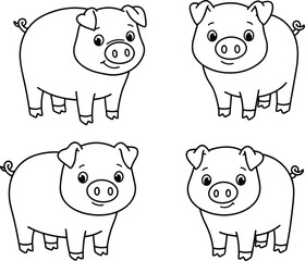 Cute pig coloring page vector, farm animal outline drawing, cartoon pig illustration for kids, printable pig sketch, black and white art