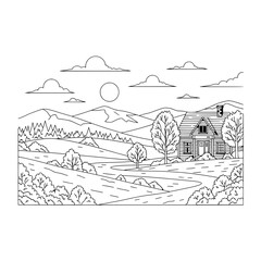 Tranquil Landscape Sketch: A serene, line-art illustration showcases a quaint countryside scene, featuring a charming house nestled amongst rolling hills, a winding road.