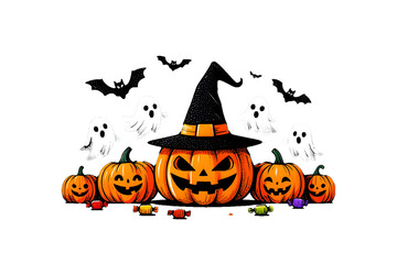 Halloween pumpkins with witch hat, bats and ghosts isolated on transparent background holiday concept