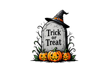 Halloween tombstone with witch hat and pumpkins isolated on transparent background trick or treat concept