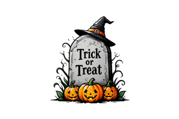 Halloween tombstone with witch hat and pumpkins isolated on transparent background trick or treat concept