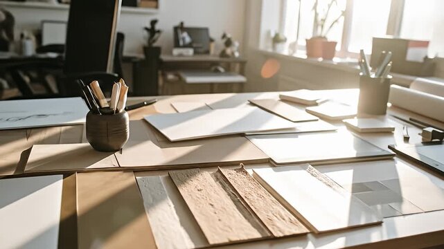 An architect's desk with paper, pencils, and tile samples bathed in bright sunlight