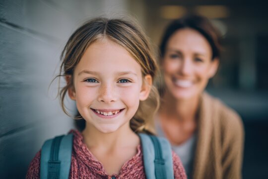 Smiling young schoolgirl with missing front tooth wearing a backpack, standing in front of her mother outdoors, showing a joyful and confident expression