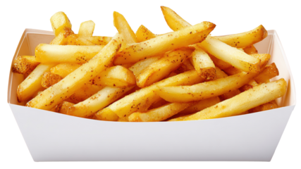 Freshly cooked golden fries served in a white paper tray isolated on transparent background.