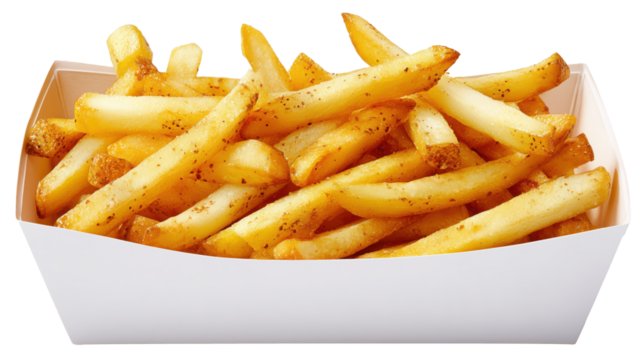 Freshly cooked golden fries served in a white paper tray isolated on transparent background.