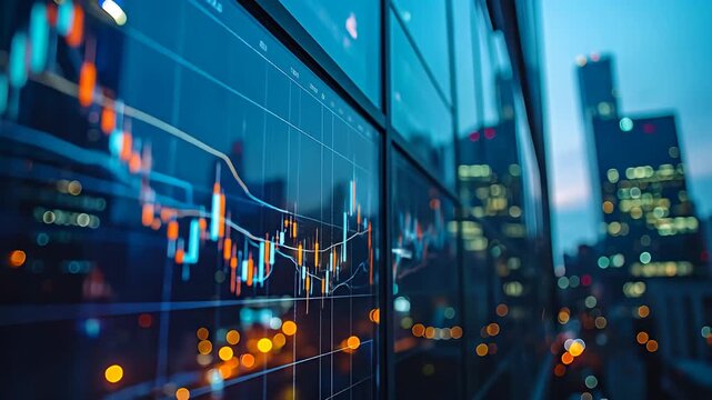 Stock graph on glass wall reflects city lights at night in a cool color palette