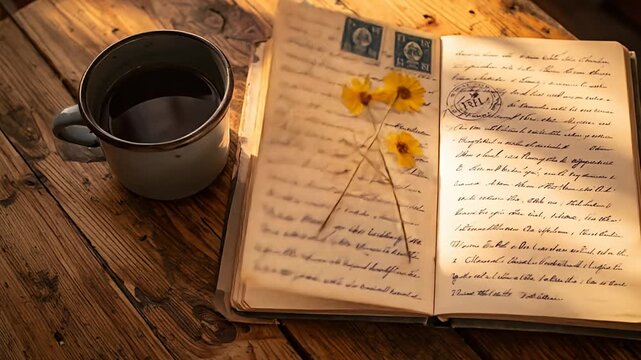 Antique book, postage stamps, dried flowers, and mug of coffee on rustic wooden table