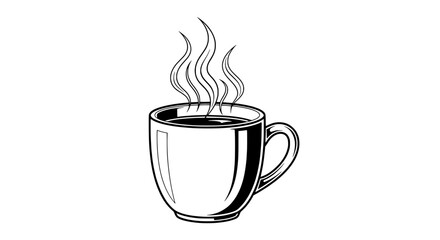 Aromatic Brew: a meticulously drawn, steamy coffee cup, filled to the brim with rich, dark brew, rising upwards delicate wisps of vapor and aromatic warmth.