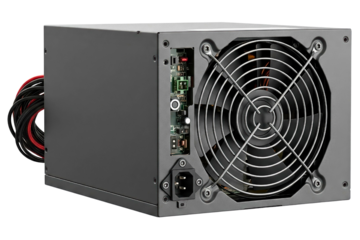 Computer power supply unit with large cooling fan and cables isolated on a transparent background