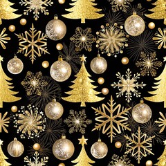 Luxurious black Christmas pattern with golden trees, baubles and snowflakes creating premium holiday seamless design
