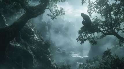 Mystical primate in a verdant landscape enveloped by a mesmerizing atmospheric haze