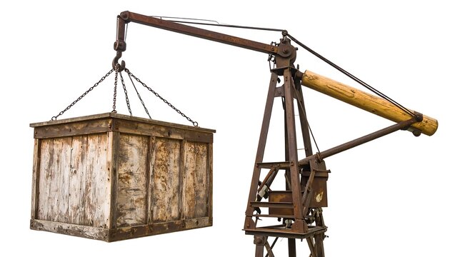 Rusty crane lifting a wooden crate